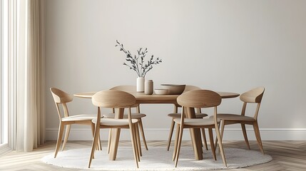 3D interior design of modern dining room with wood furniture
