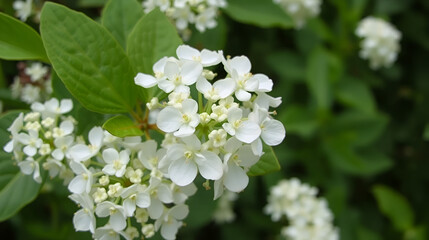 Viburnum lantana, also know as wayfarer or wayfaring tree. White flowers close up with green background. Nature, flowers, environment, parks and gardens.