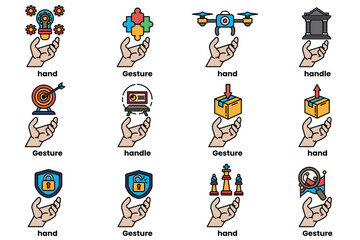 Set of illustrations of hands and things in line art style