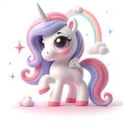 3d cute animation of a unicorn on white background
