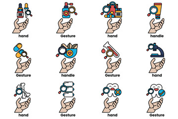 Set of illustrations of hands and things in line art style