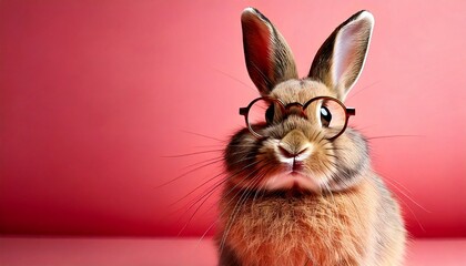 Realistic photo of a cute fluffy bunny wearing big round glasses, sitting quietly, solid pastel pink background