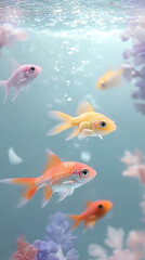 Fototapeta premium A vibrant group of small, colorful fish swims gracefully in minimalist light blue and purple waters, perfect for a stylish mobile wallpaper. Hyper-detailed, high-contrast, and ultra-realistic