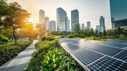 rendering of a building with a solar array on top of it, in an eco city