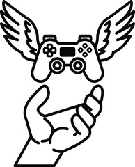 hand holding a controller with wings on top of it