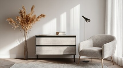 Minimalist bedroom interior showcasing a light gray chest of drawers.