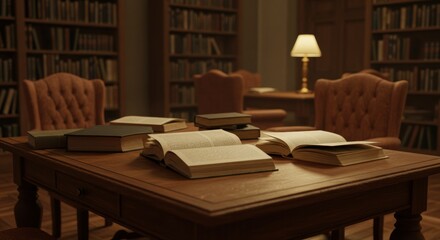 Open Books on Library Table with Cozy Reading Room Background