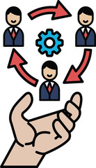 A hand is holding a gear with three people in it