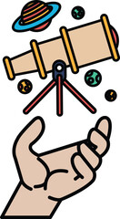 A hand holding a telescope and a tripod