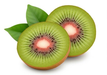 Two halves of a red kiwi fruit with green leaves on a white background in a close up studio shot
