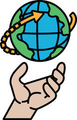 A hand is holding a globe with a green arrow pointing to the right