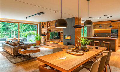 living room with contemporary design that combines comfort and style, combining natural materials and elegant furniture