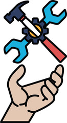 A hand holding a wrench and a hammer
