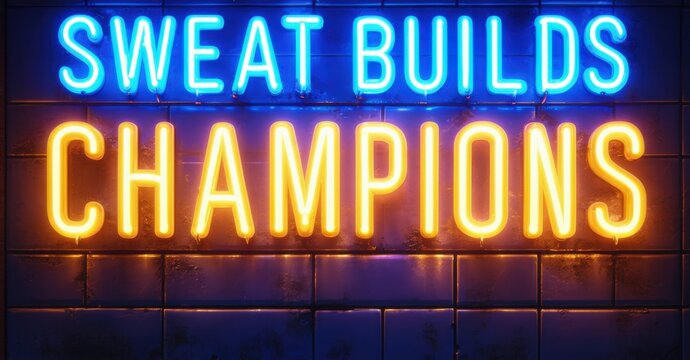 Naklejki Bold glowing message sweat builds champions in gold and blue neon thick font above gritty tiles with ambient haze and glowing shadows