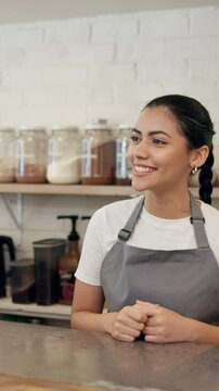 Happy, waitress and customer in coffee shop, takeaway and purchase of hot beverage, cup and morning. Hospitality, consumer and server with package in small business, people and sale of latte in cafe