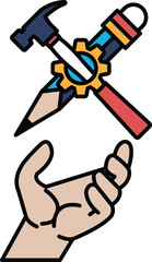 A hand holding a pencil and hammer with a gear in the middle