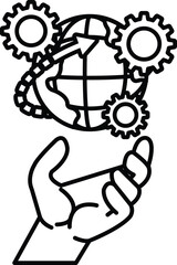 hand holding a globe with gears on it