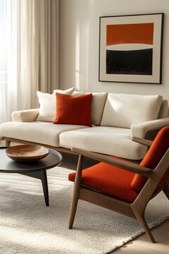 Stylish Scandinavian living room with bold red chair and wall frame - perfect for furniture ads, home decor inspiration, and interior design showcases
