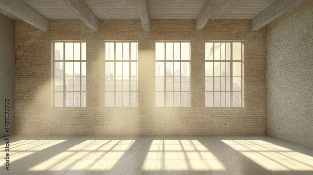 Poster empty loft space with large windows, sunbeams