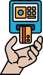 A hand holding a credit card in front of a card reader