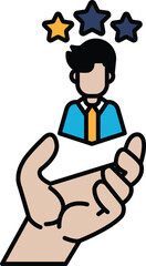 A hand is holding a man in a blue shirt and tie