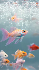 Fototapeta premium A vibrant group of small, colorful fish swims gracefully in minimalist light blue and purple waters, perfect for a stylish mobile wallpaper. Hyper-detailed, high-contrast, and ultra-realistic