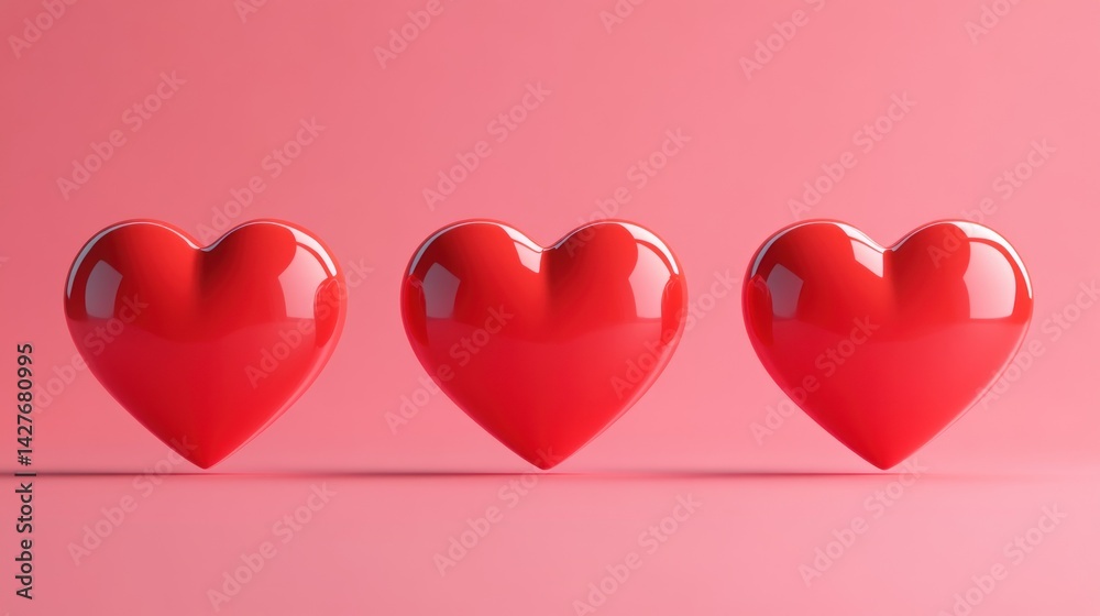 Poster three-dimensional rendering of three red glossy heart shapes against a vibrant pink background creat