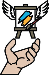 A hand holding a painting easel with a painting on it