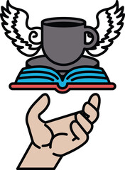A hand is holding a book and a cup with wings on top of it