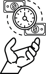 hand holding a stack of money and a clock