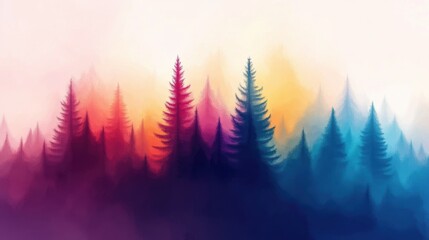 Obraz premium A serene and colorful forest landscape featuring silhouetted trees against a gradient background of soft hues.