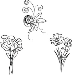Three Elegant Black Line Art Flower Designs Isolated on White