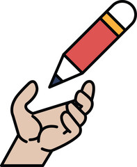 A red pencil is shown with a hand holding it