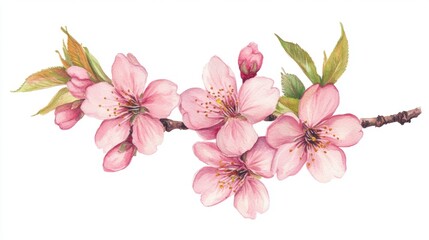 A delicate branch of pink cherry blossoms featuring multiple flowers and green leaves, symbolizing beauty and the arrival of spring.
