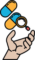 A hand holding a pill and magnifying glass