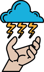 A hand is holding a cloud with lightning bolts