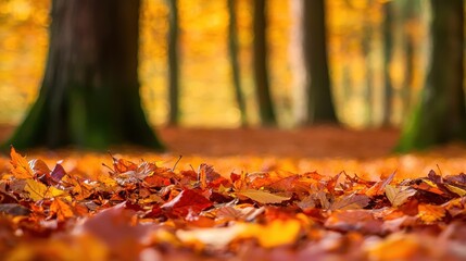 Vibrant Autumn Forest with Orange and Red Leaves on the Ground