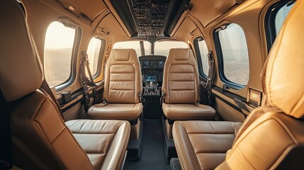 Luxury Private Jet Interior With Leather Seats, Offering Exclusive Travel And Comfort. Interior View, Cockpit And Passenger Seats.