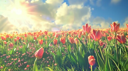 Tulips field on sunny day. Tulip. field. Flowers. Flower