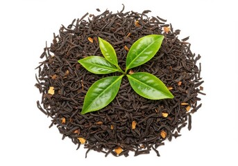 Fototapeta premium A pile of dried black tea leaves with vibrant green leaves on top against a white background view from above