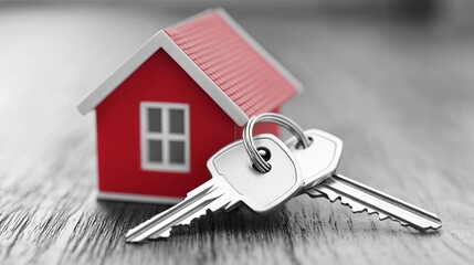 A single house key resting beside a minimalist keychain. digital