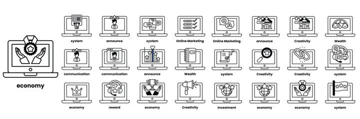 Set of illustrations in the concept of computers and business objects in line art style