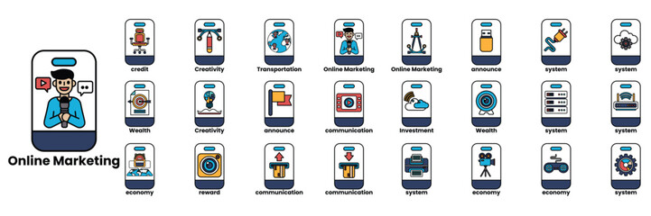 Set of illustrations in the concept of smartphones and business objects in line art style