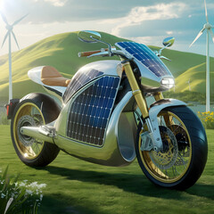Futuristic solar powered motorcycle with sleek design on green landscape with wind turbines