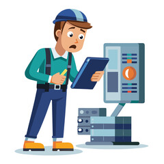 male engineer checks the program and discovers an error. Hand drawn style vector design illustrations vector