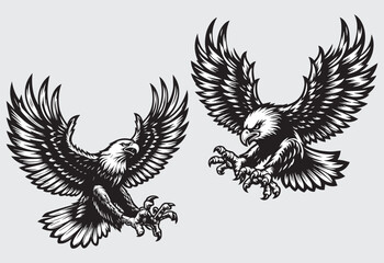 Eagle with wings. Vector illustration in black and white colors.