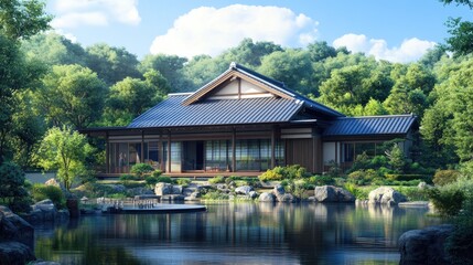Fototapeta premium Japanese Zen Architecture, Tranquil Lake House. Serene Landscape, Traditional Design, Nature Harmony.