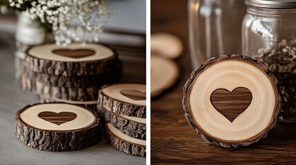 Personalized wood slice coasters as eco wedding favors .
