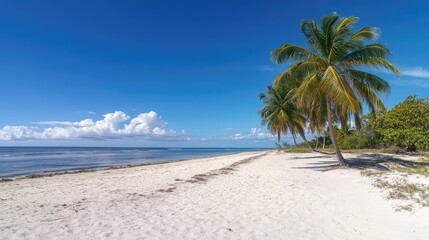 Idyllic Tropical Beach Scene With Palm Trees, White Sand, And Clear Blue Sky Evoking Vacation Vibes.