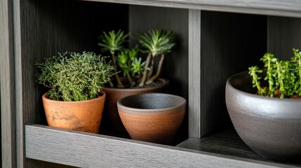 Fototapeta premium Small potted plants arranged on a grey wooden shelf.